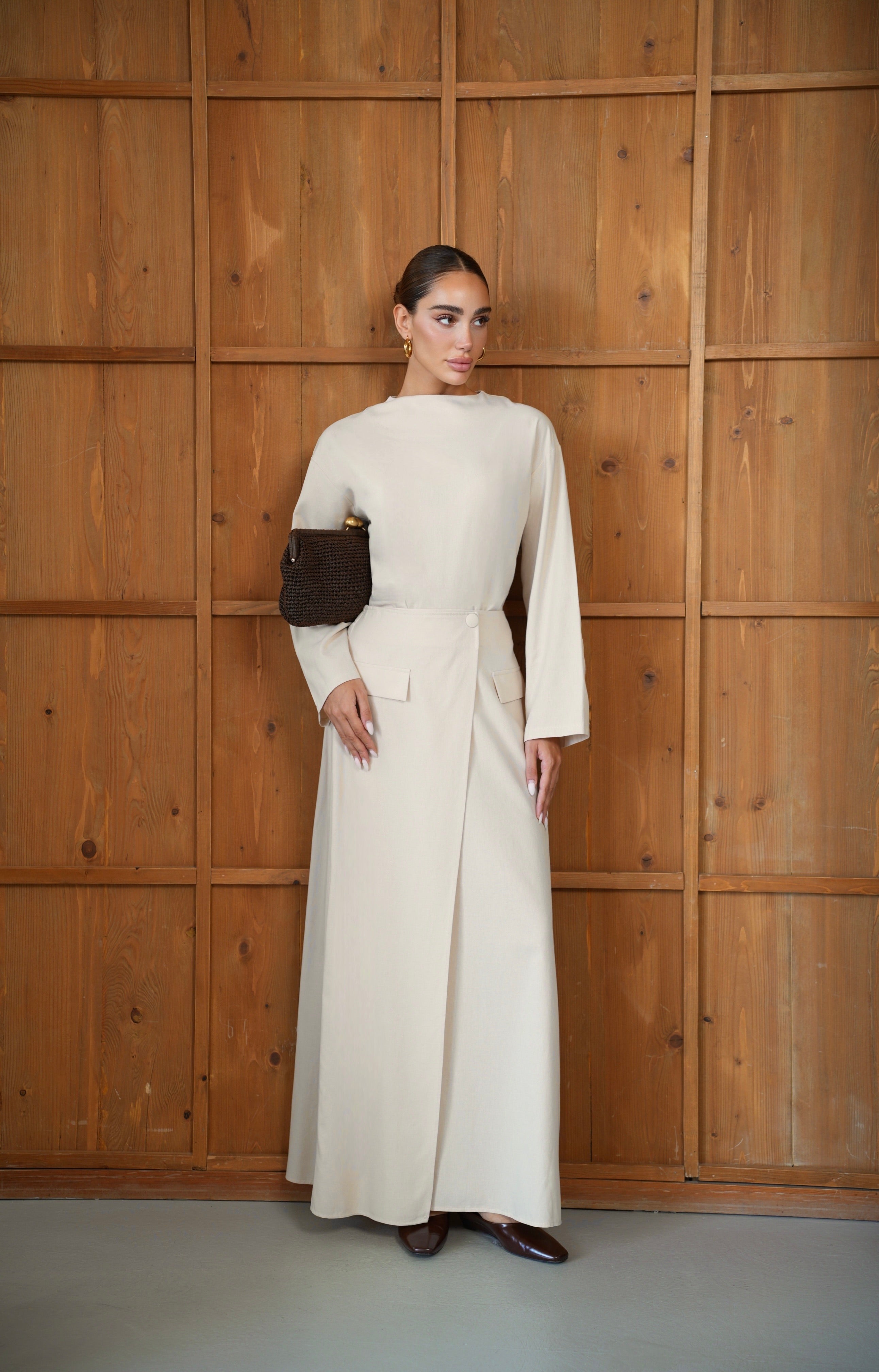Linen Chic | Keten Yan Yırtmaçlı Düğmeli Etekli Takım