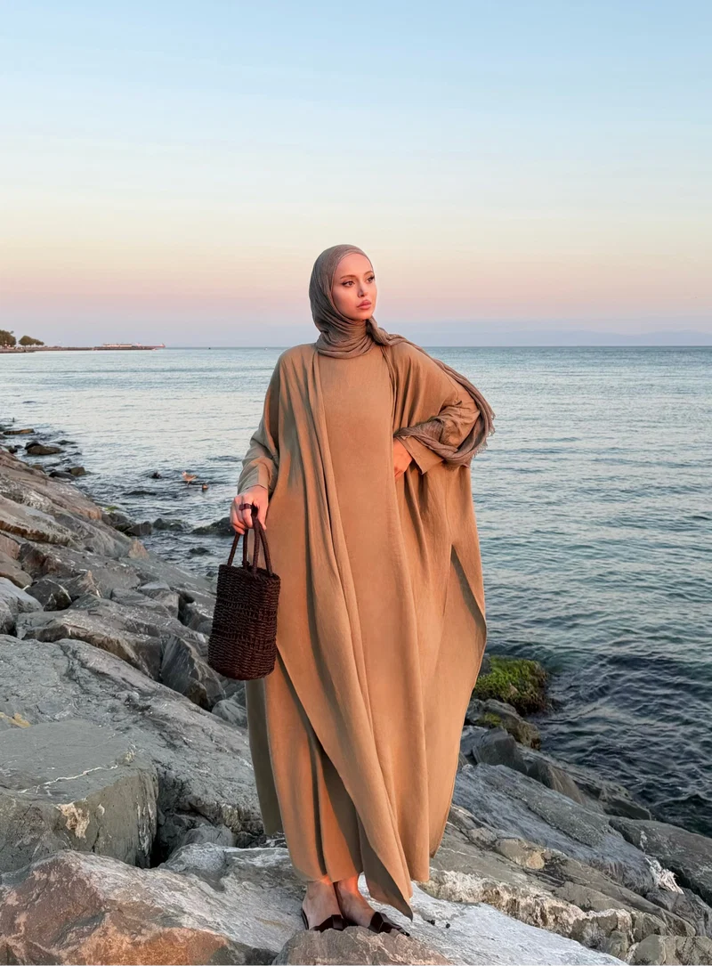 Velora Flow | Yırtmaç Detaylı Keten 2'li Abaya Takımı
